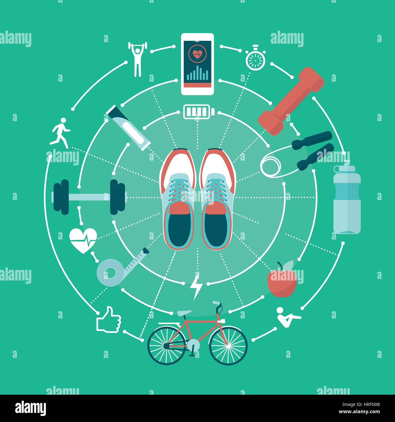 Fitness; sport e stile di vita sano concetto: scarpe da ginnastica e attrezzature sportive che collega tra di loro Illustrazione Vettoriale