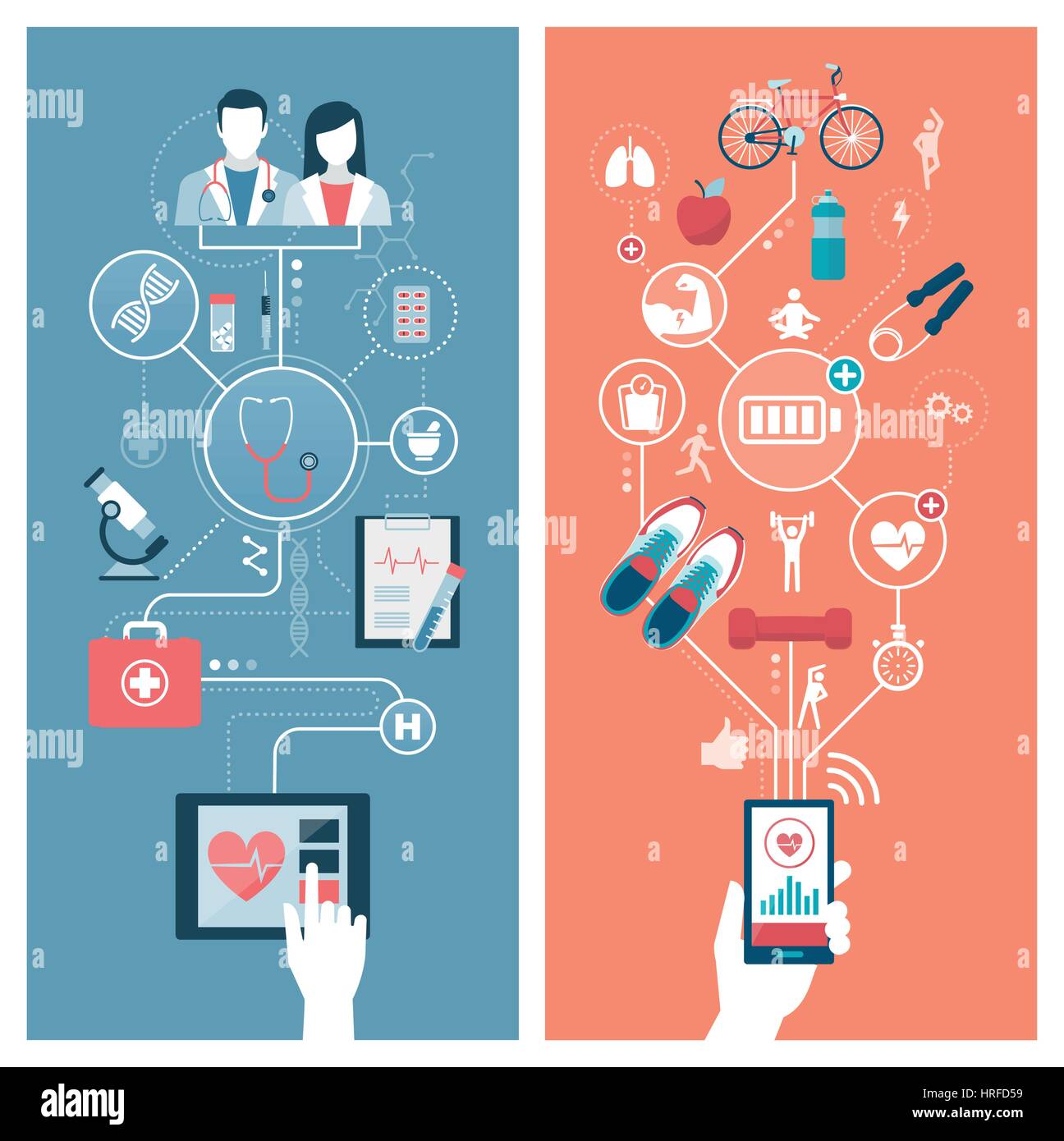Sanità, ospedali, sport e fitness concetti il collegamento su una tavoletta digitale e su uno smartphone con mano utente Illustrazione Vettoriale
