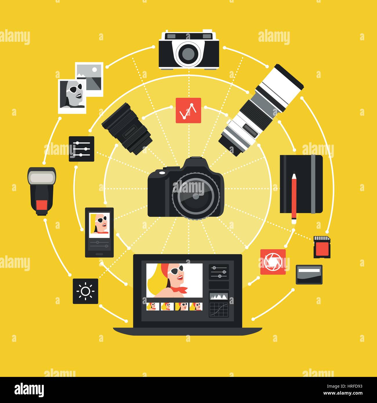 La fotografia e il fotoritocco concetto: fotocamera, laptop e attrezzatura fotografica collegando fra di loro Illustrazione Vettoriale