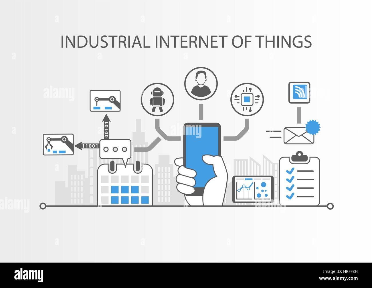 Internet industriale di cose o industria 4.0 concetto con icone semplici su sfondo grigio Illustrazione Vettoriale