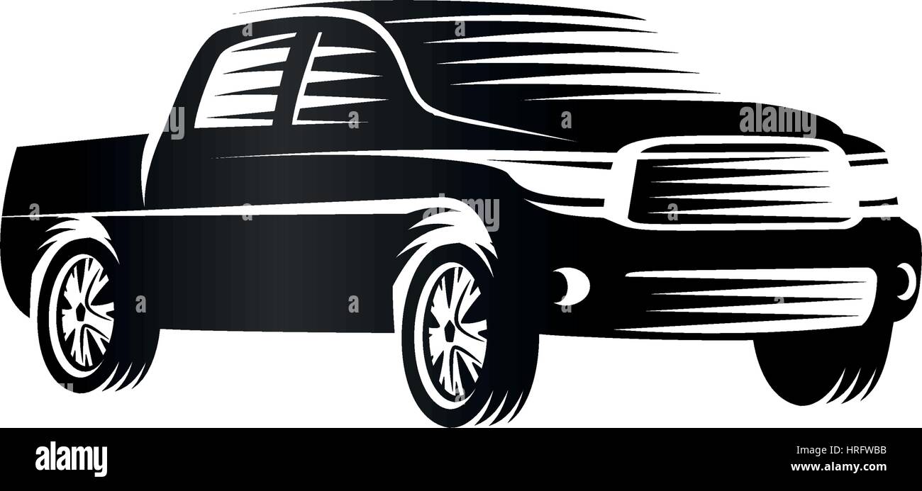 Isolato in bianco e nero in stile di incisione pick-up logo, vetture logotipo, colore nero veicolo automobilistico illustrazione vettoriale Illustrazione Vettoriale