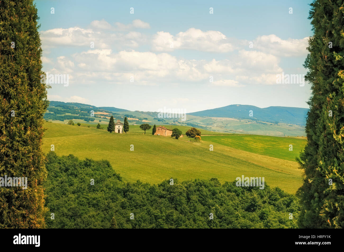 Toscana, italiano paesaggio rurale, cipressi cappella di Vitaleta su sfondo, piccola chiesa, Italia Foto Stock