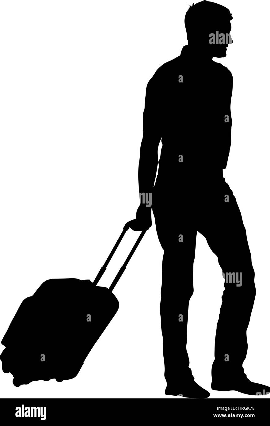 Silhouette nera i viaggiatori con le valigie su sfondo bianco. Illustrazione Vettoriale. Illustrazione Vettoriale