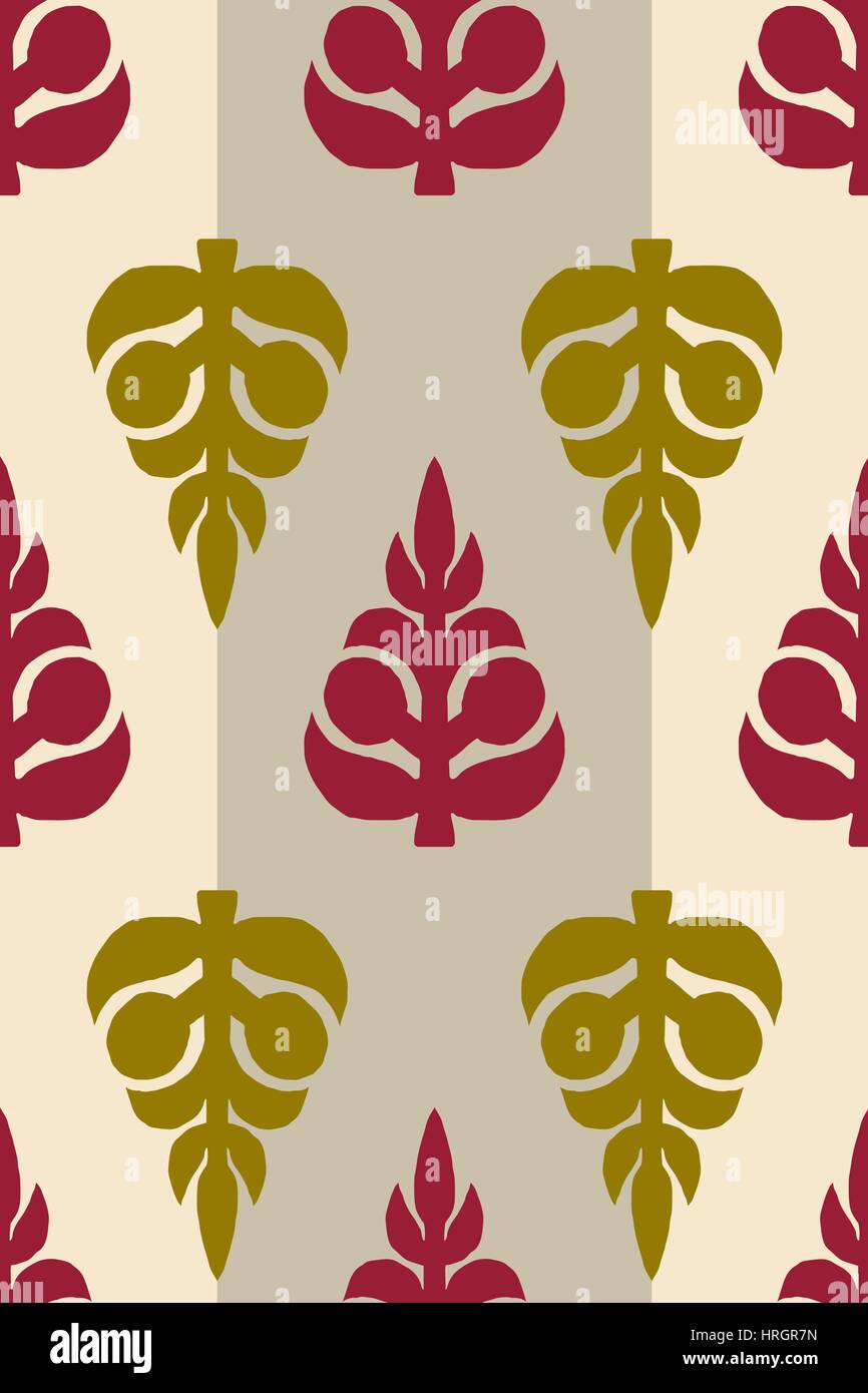 Vector seamless pattern, blocco stampate sfondo floreale, fatti a mano motivo russo ornamento in marrone e verde su spogliato sfondo beige. Pr tessili Illustrazione Vettoriale