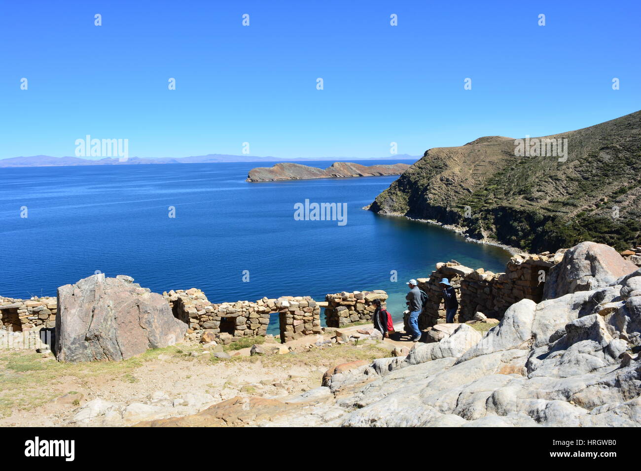 Vecchie rovine Inca in Isla del Sol isola nel lago Titicaca, Bolivia Foto Stock