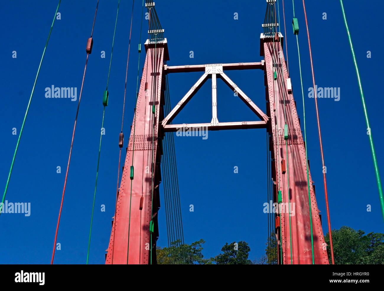 India Uttarakhand membro Rishikesh la capitale mondiale dello Yoga sulle rive del fiume Ganga Ram Jhula Bridge nel cielo blu Foto Stock