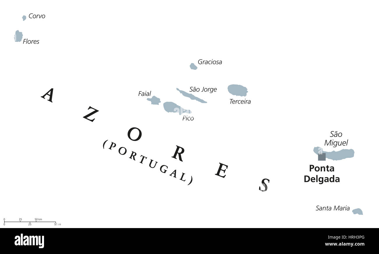 Azzorre mappa politico con capitale Ponta Delgada. Regione autonoma del Portogallo, un arcipelago composto da nove isole vulcaniche nel Nord Atlantico. Foto Stock