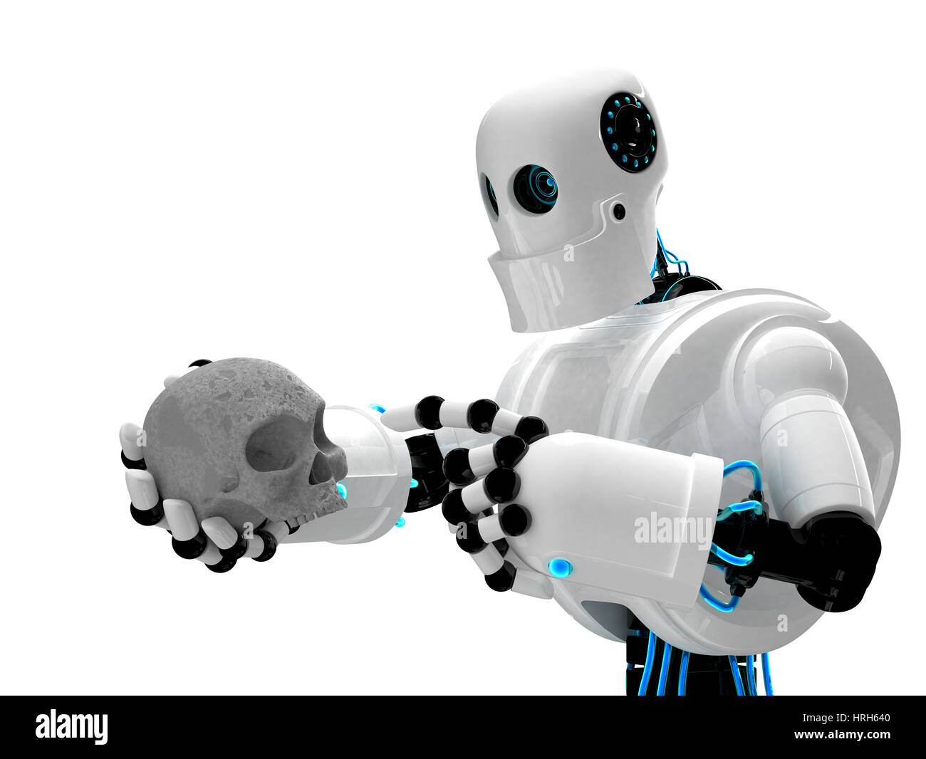 Robot holding scull umana. Isolato su sfondo bianco Foto Stock