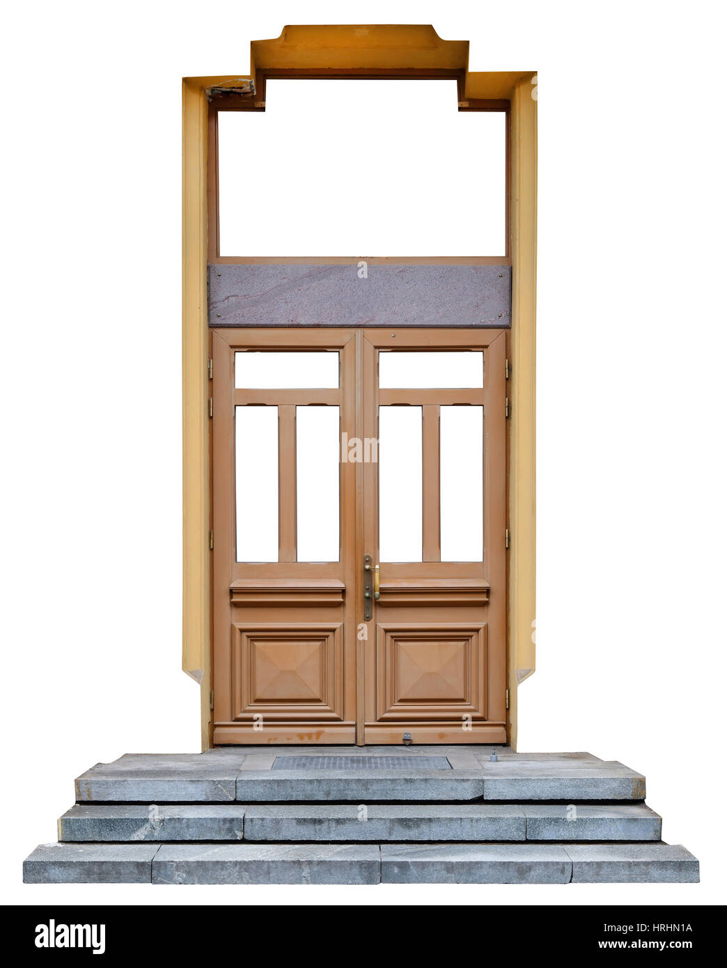 Semplice moderno oak street porta e gradini di granito. La produzione di massa del XX secolo. Isolato su bianco con patch. Isolato di vetro con il bianco Foto Stock