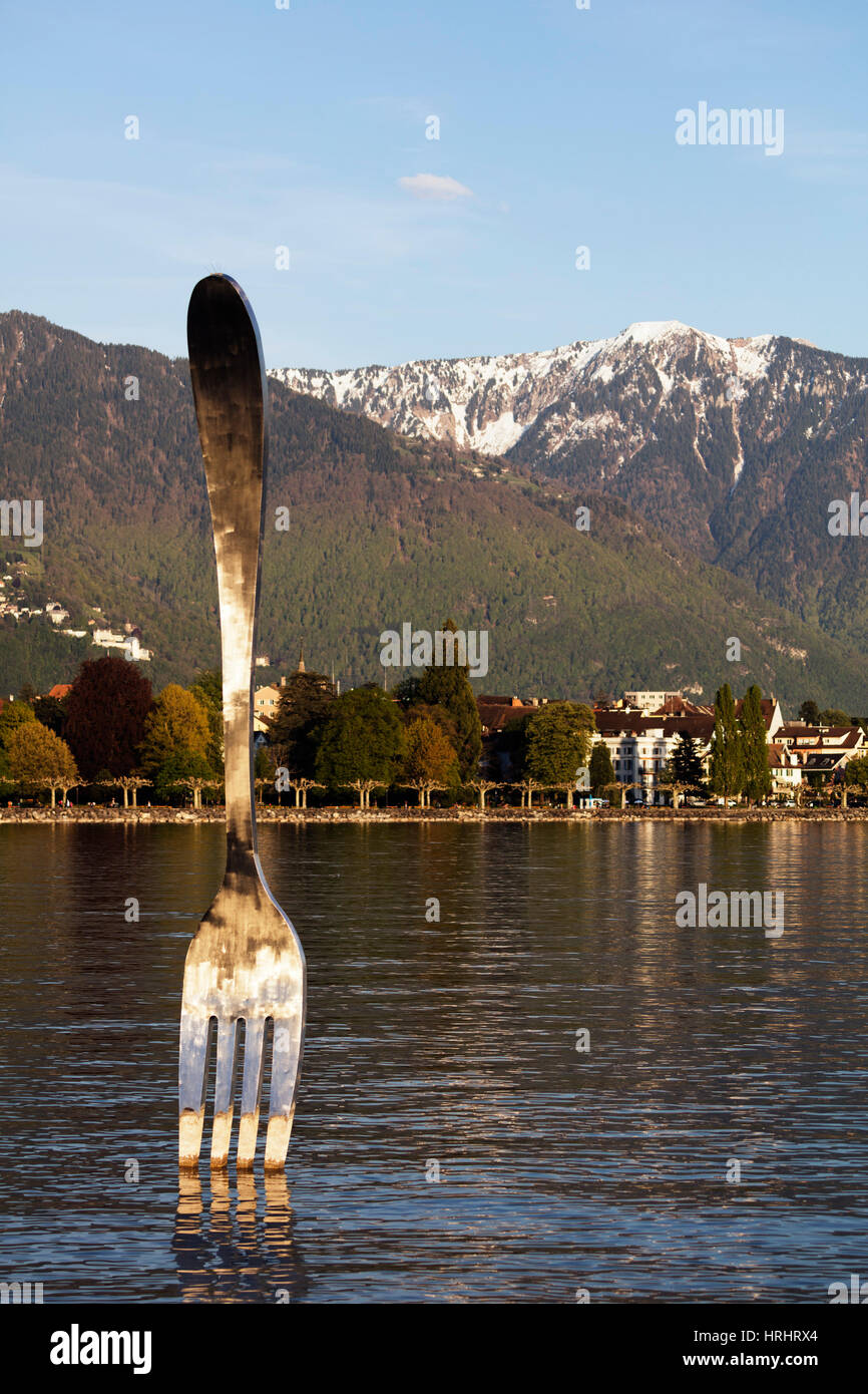 Forcella gigantesca scultura da Alimentarium museo del cibo, il lago di Ginevra (Lac Leman), Vevey, Vaud, Svizzera Foto Stock