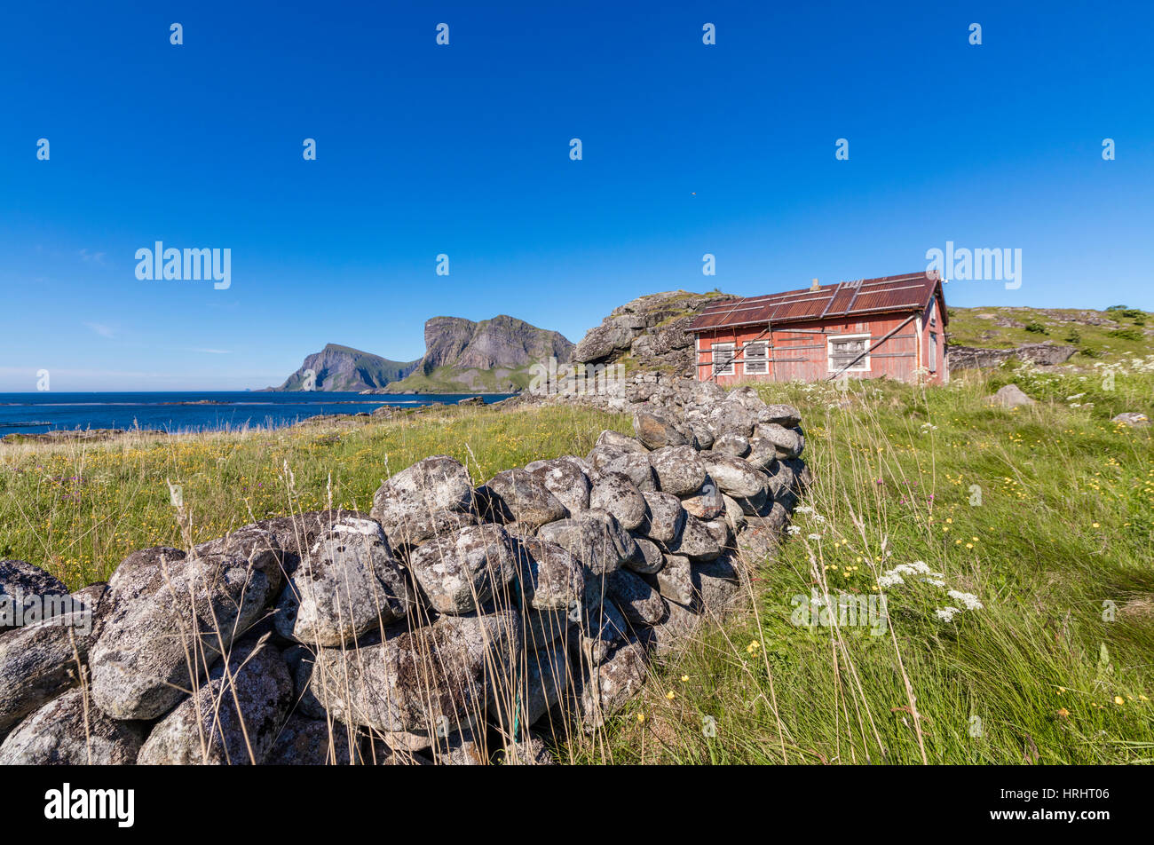 Casa di pescatori chiamato rorbu circondata dal mare, Sorland, Vaeroy Isola, Nordland county, arcipelago delle Lofoten, Norvegia Foto Stock