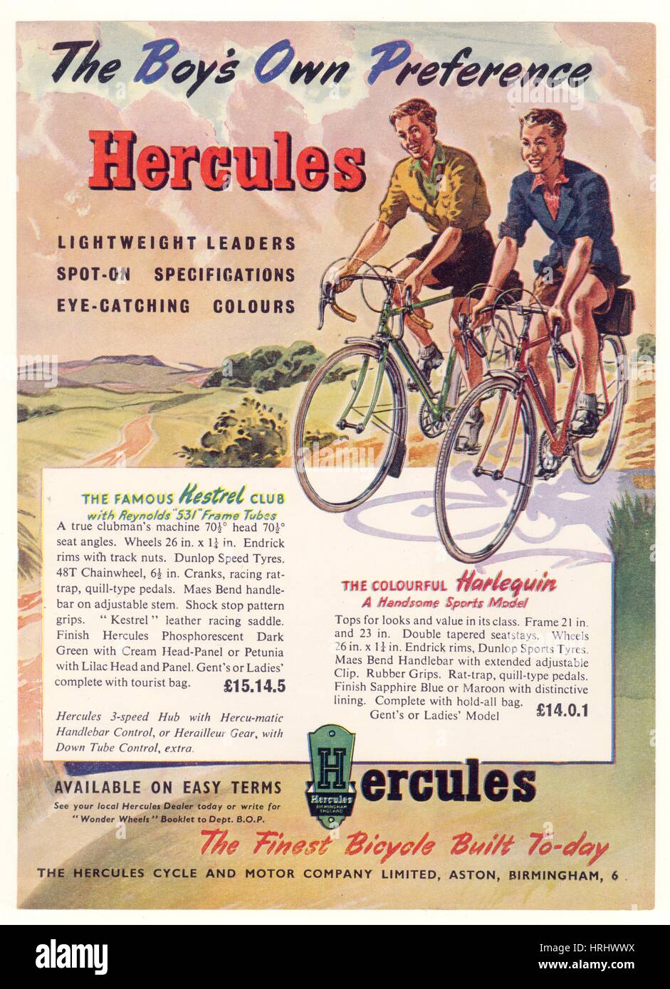 Originale del ciclismo d'epoca, brochure stampata circa 1936 - per la Battery Cycle Works, Plymouth, Devon, Regno Unito Opuscolo pubblicitario per Hercules Cycles 1950, grafica design design UK REGNO UNITO Foto Stock