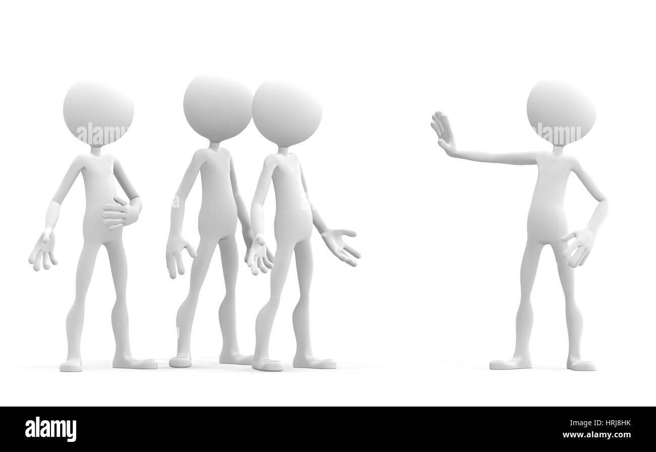 3d carattere tenendo la sua mano in un segno di stop per avvertire di un gruppo di persone. Isolato Foto Stock