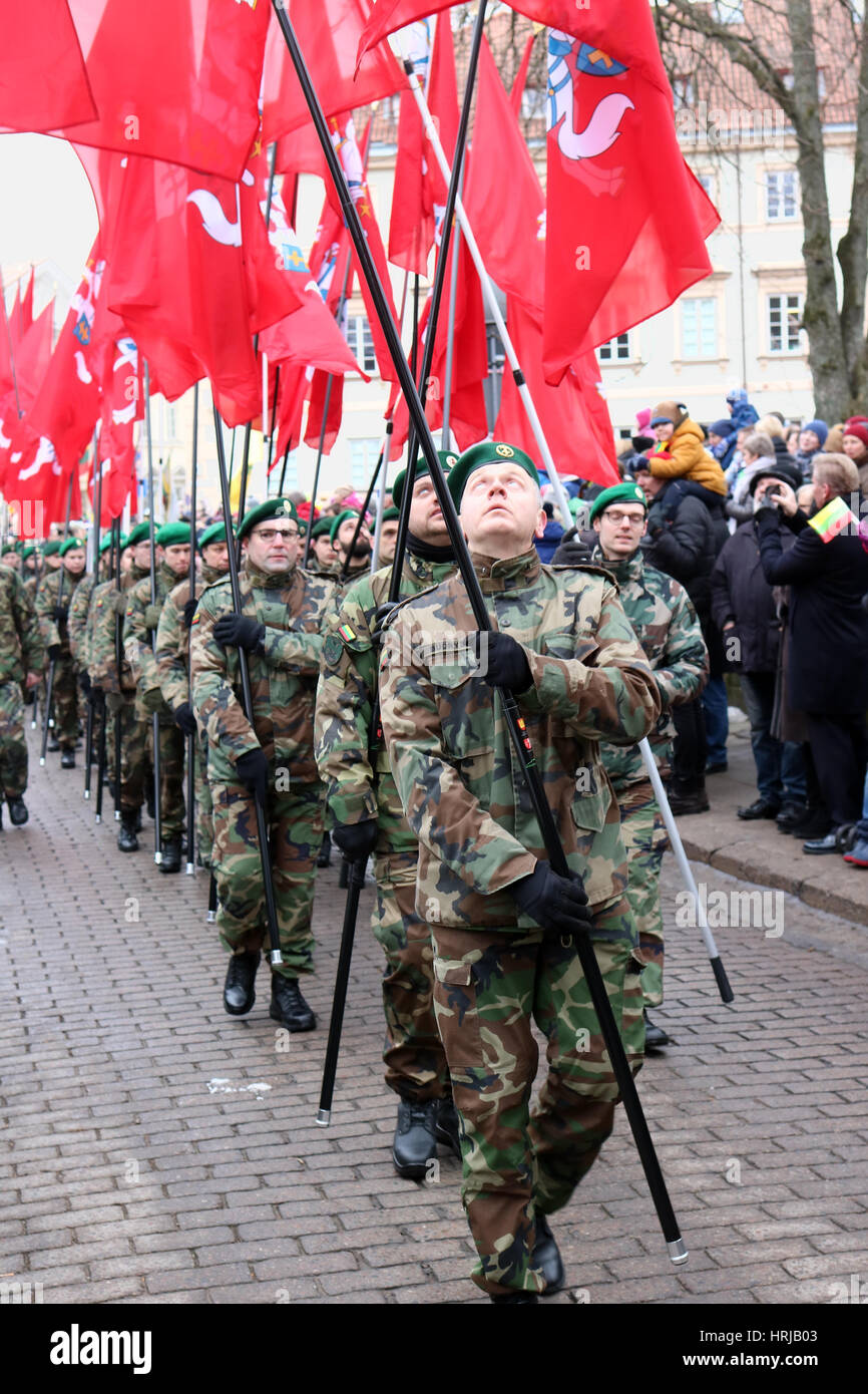 VILNIUS, Lituania - 16 febbraio 2017: Ccelebration dell indipendenza della Lituania. Il lituano Forze Armate Officer Budrys nomi rispetto orsi Foto Stock