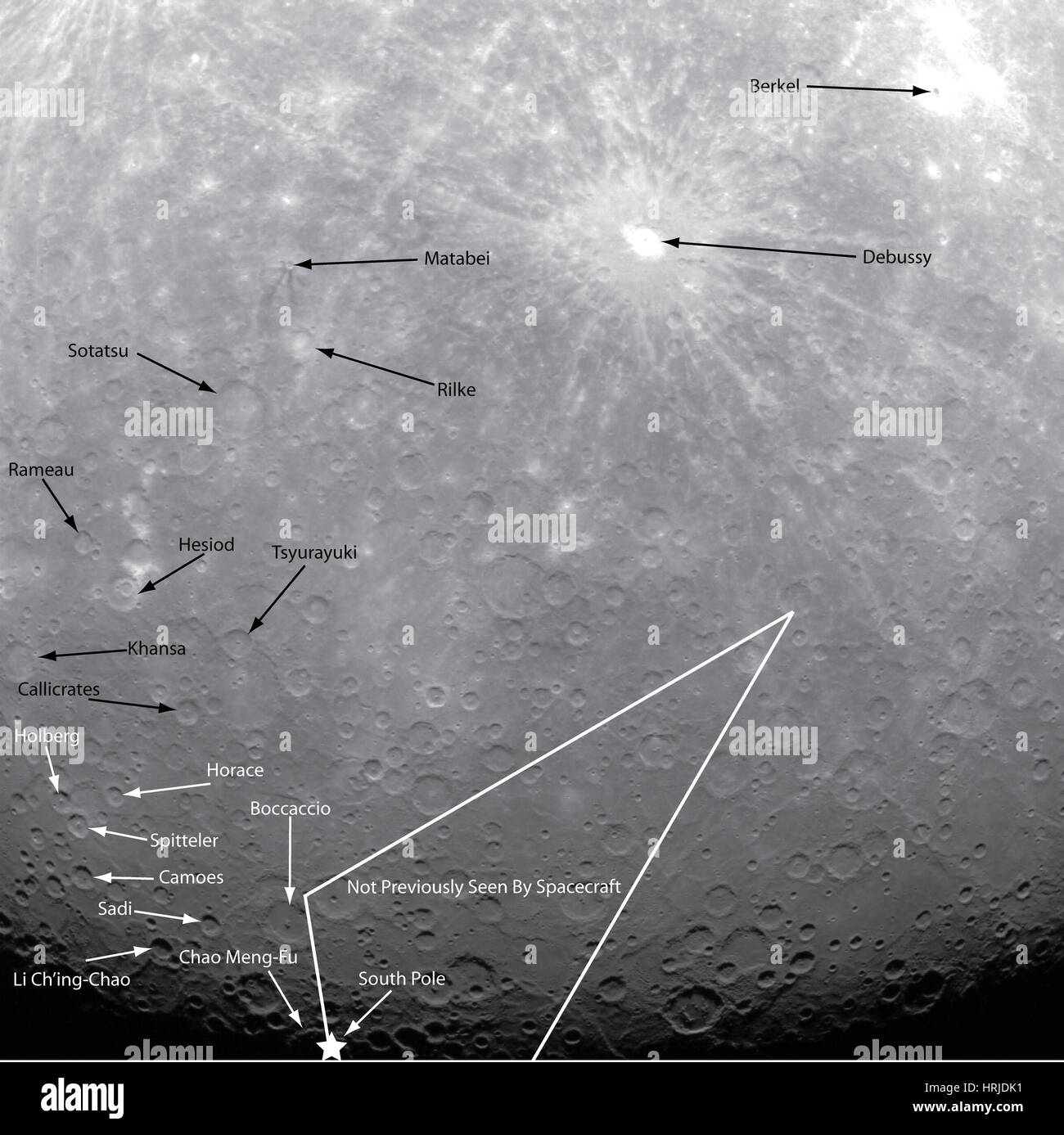 Il mercurio, guida con annotazioni per la prima immagine orbitale Foto Stock