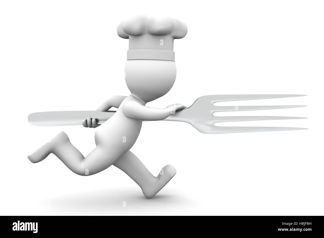 Chef in esecuzione con la forcella. Resi su sfondi bianchi Foto Stock