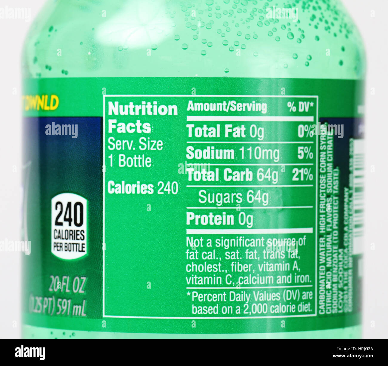 Fatti di nutrizione per Soda Pop soft drink Foto Stock
