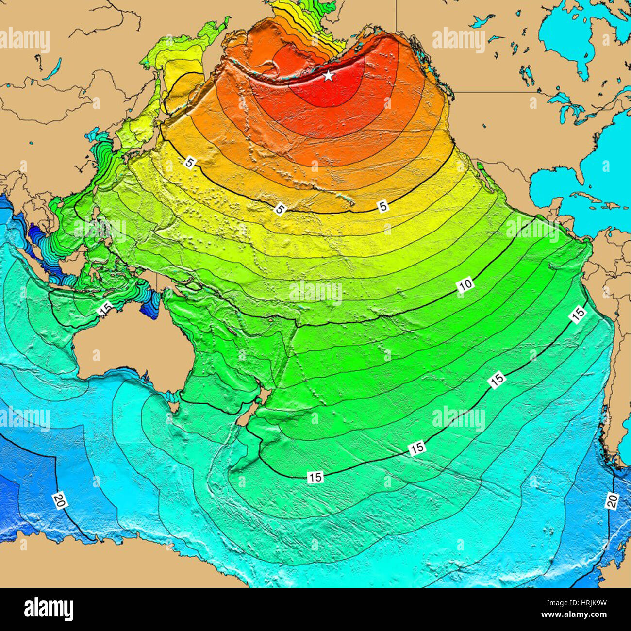 Mappa dello tsunami, Isola Unimak terremoto, 1946 Foto Stock