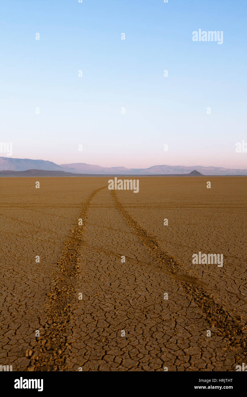 Tracce di pneumatici in un paesaggio desertico con montagne in lontananza. Foto Stock