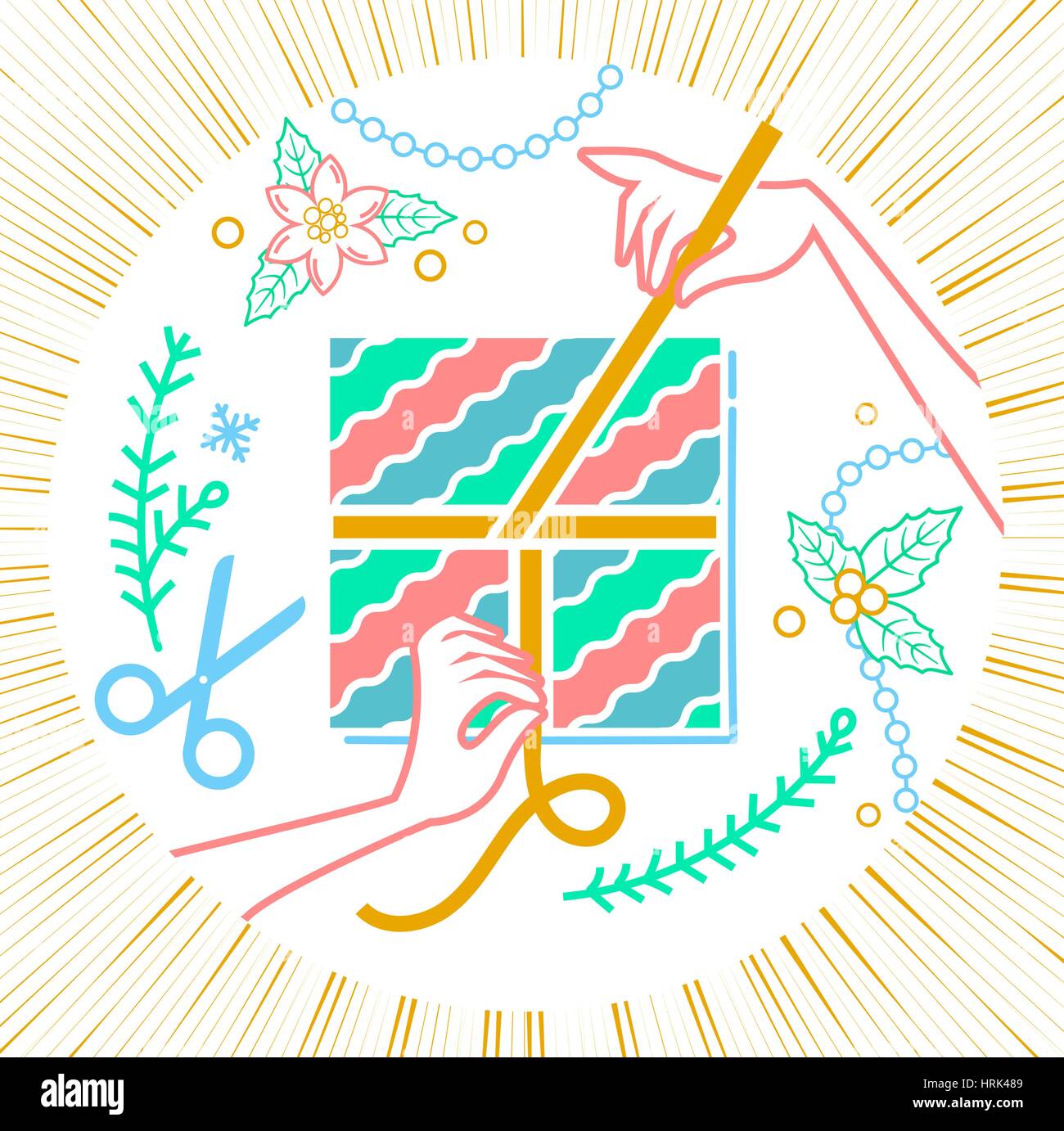 Illustrazione di una realizzazione di una confezione regalo. Arti e mestieri disegnati a mano le forniture, gli strumenti, gli elementi di design, isolato su sfondo bianco Illustrazione Vettoriale