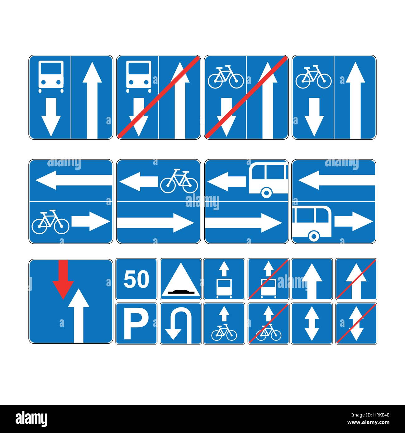 Strada informativo blu set di simboli. Illustrazione di vettore isolato su bianco. Segnali obbligatori. Pronto per l'uso delle informazioni sul traffico banner. Illustrazione Vettoriale