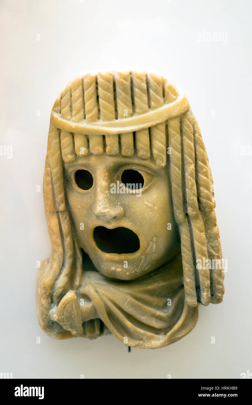 Maschera drammatica in pietra - romana, i-II secolo d.C. Foto Stock