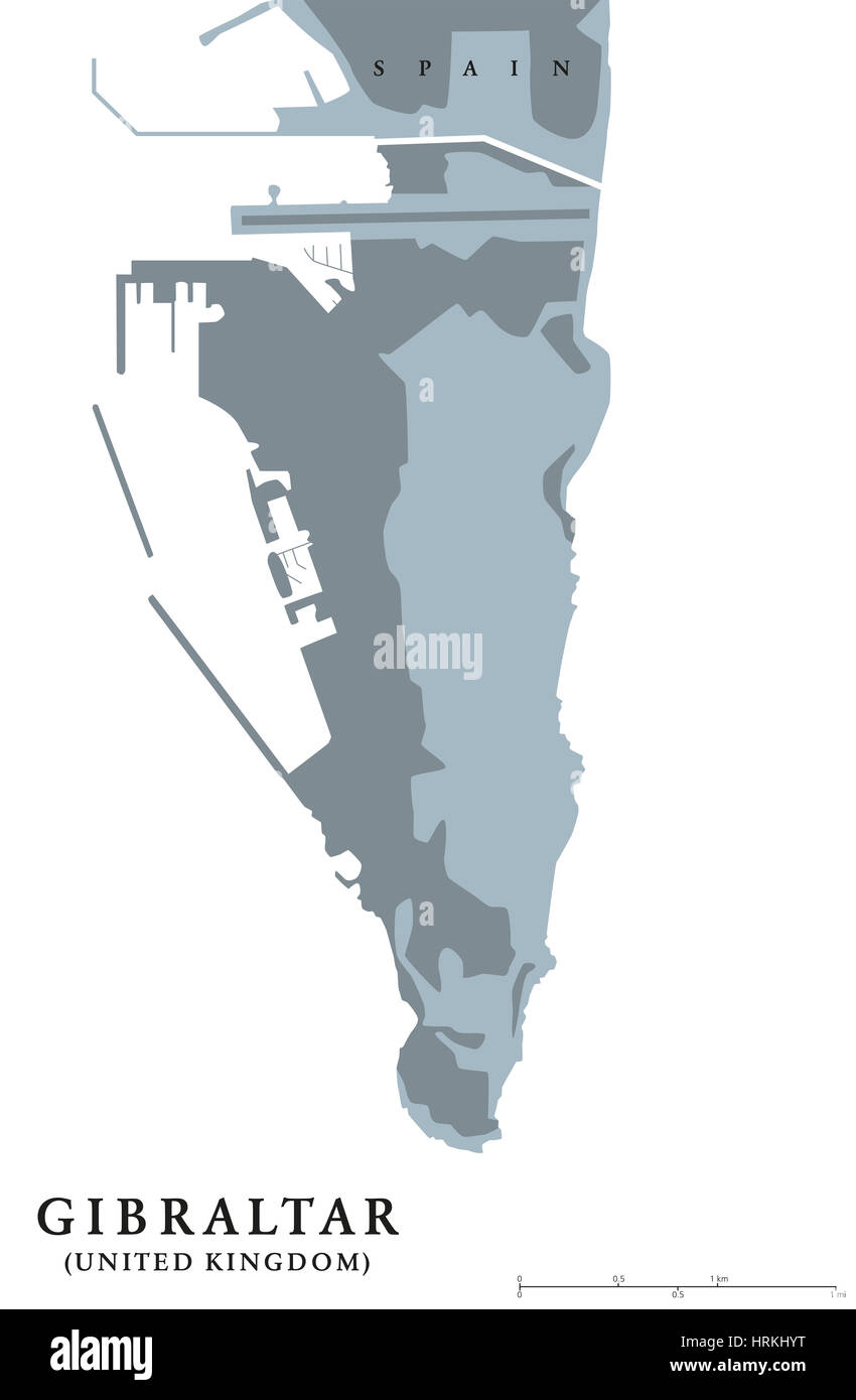 Gibilterra mappa politico. British Overseas territorio sulla punta meridionale della penisola iberica. La Rocca di Gibilterra condivide il suo confine settentrionale con la Spagna. Foto Stock