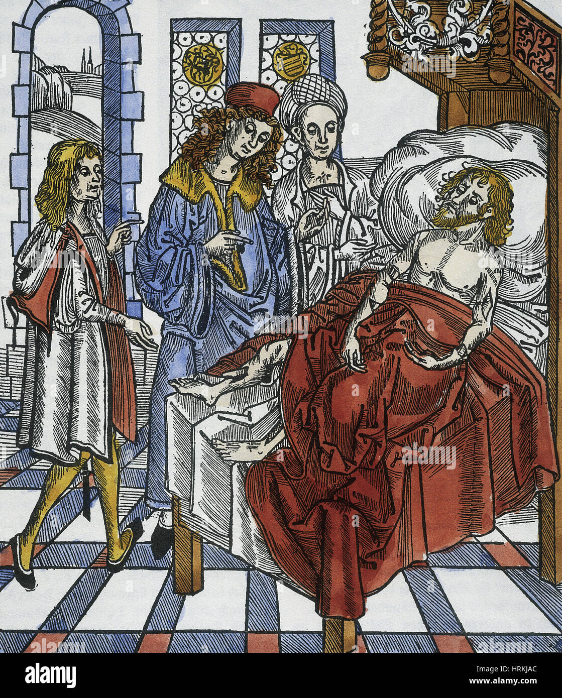Medieval medico e paziente, 1497 Foto Stock