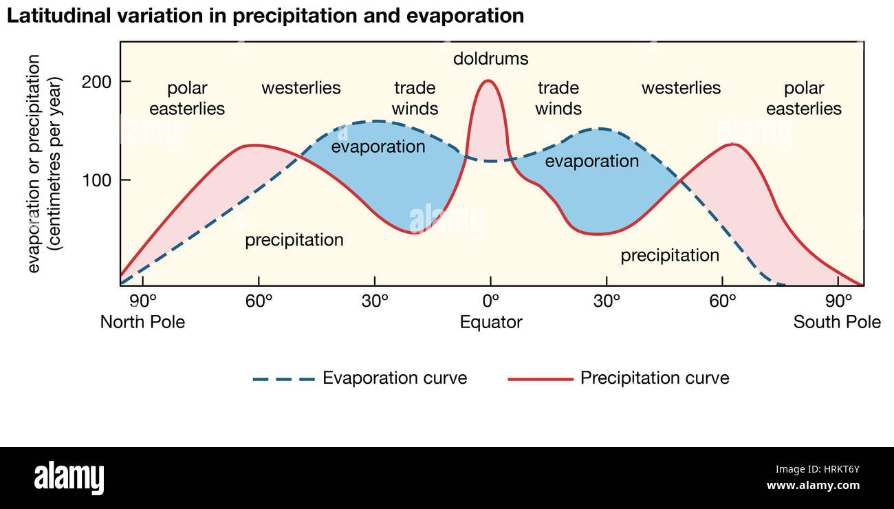 Variazione latitudinale in precipitazione ed evaporazione e rapporto con grandi cinghie del vento e della salinità oceaniche. idrosfera Foto Stock