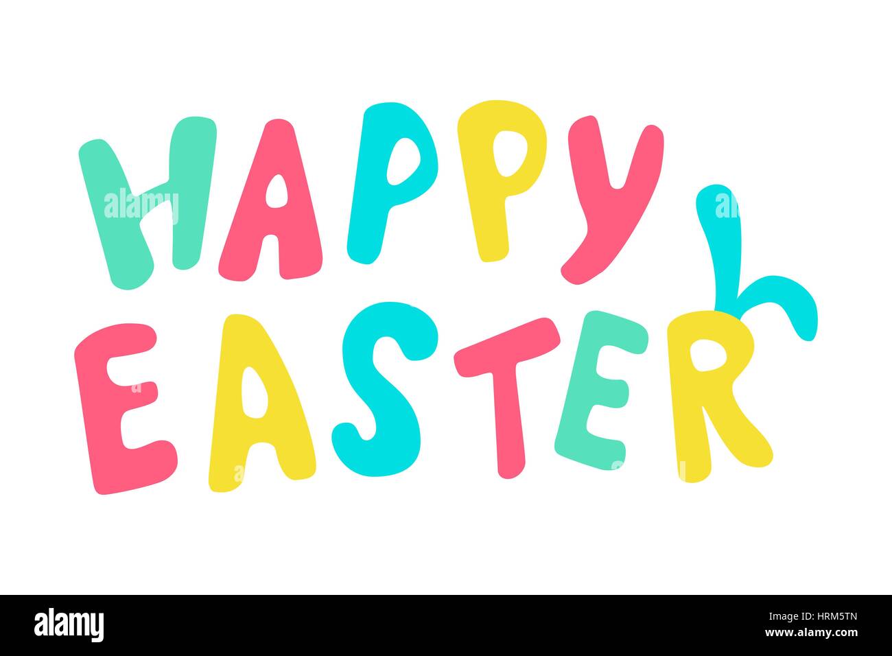 Felice Pasqua card con orecchie di coniglio. Sfondo tipografici con divertenti segni. Disegnato a mano scritte colorate per biglietti di auguri, template, poster, bann Illustrazione Vettoriale