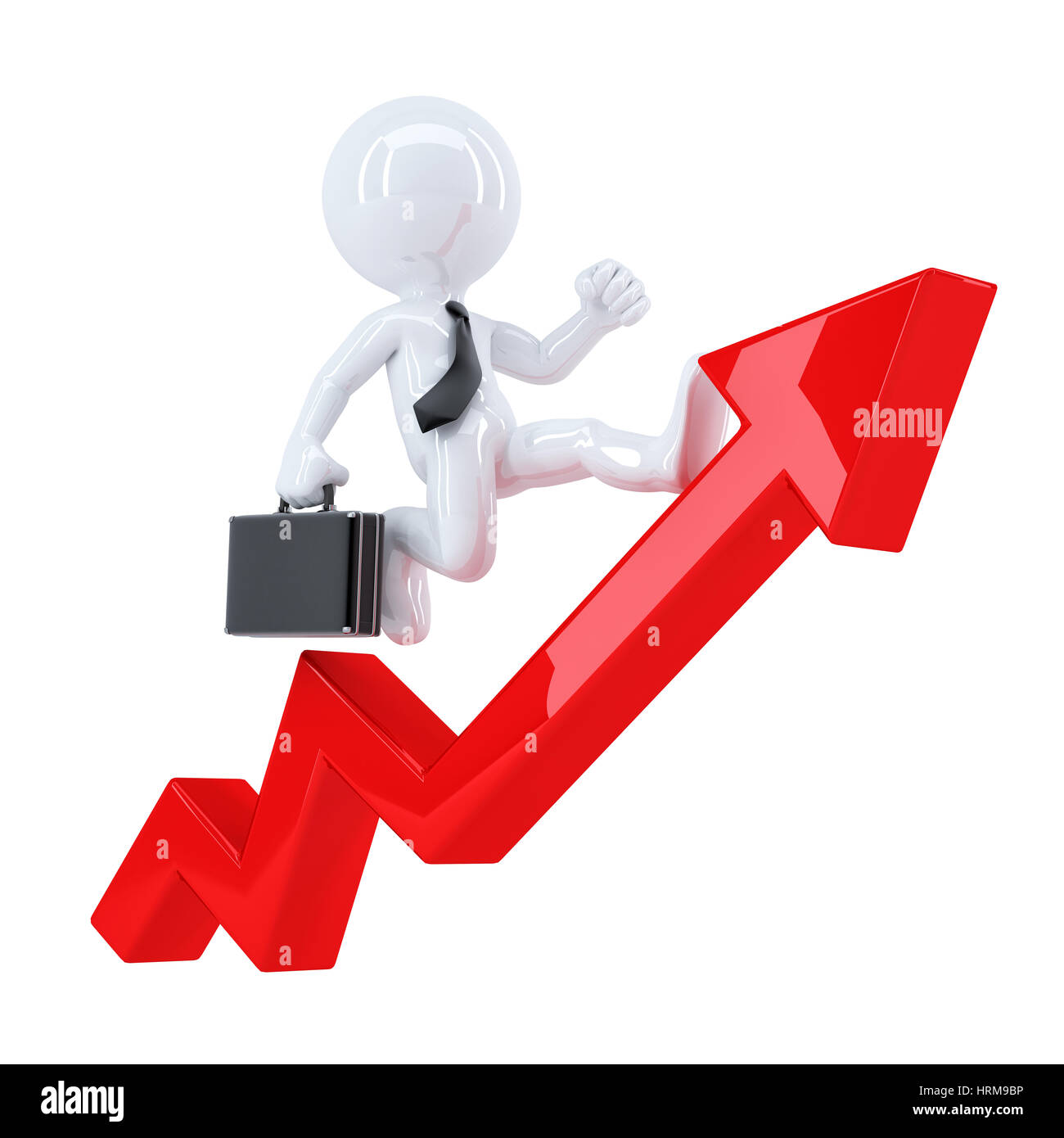 Imprenditore in esecuzione su un grafico rosso freccia. Isolato. Contiene il percorso di clipping Foto Stock