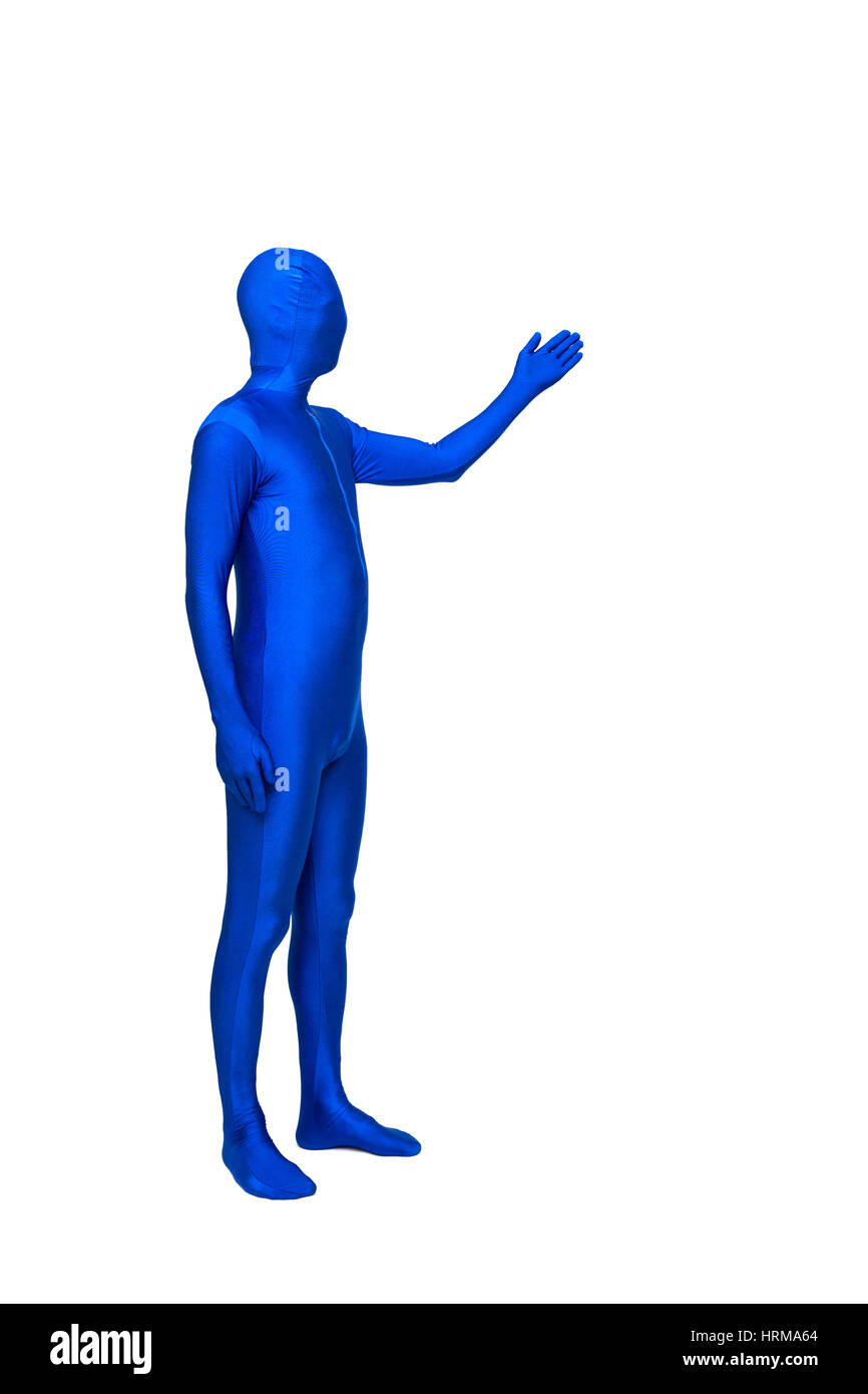 Misterioso uomo blu in morphsuit gesti con le mani Foto Stock