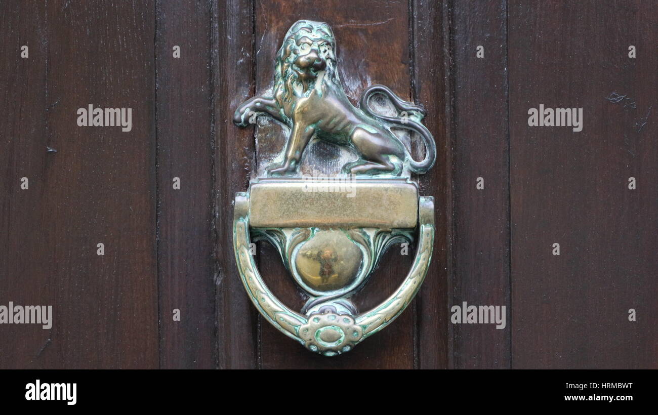 Porta in ottone bussare con lion dettagli in legno marrone porta, vicino a Cotswolds, England, Regno Unito Foto Stock