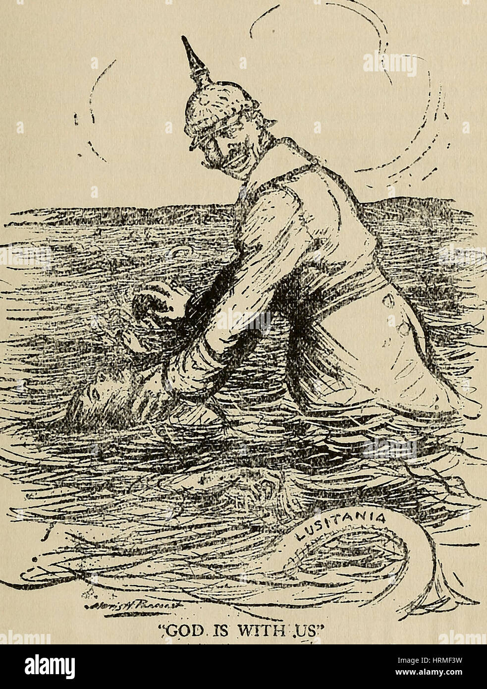 "Dio è con noi" - WWI cartoon politico che mostra Kaiser Wilhelm annegamento di qualcuno con un Lusitania salvagente floating nelle vicinanze Foto Stock