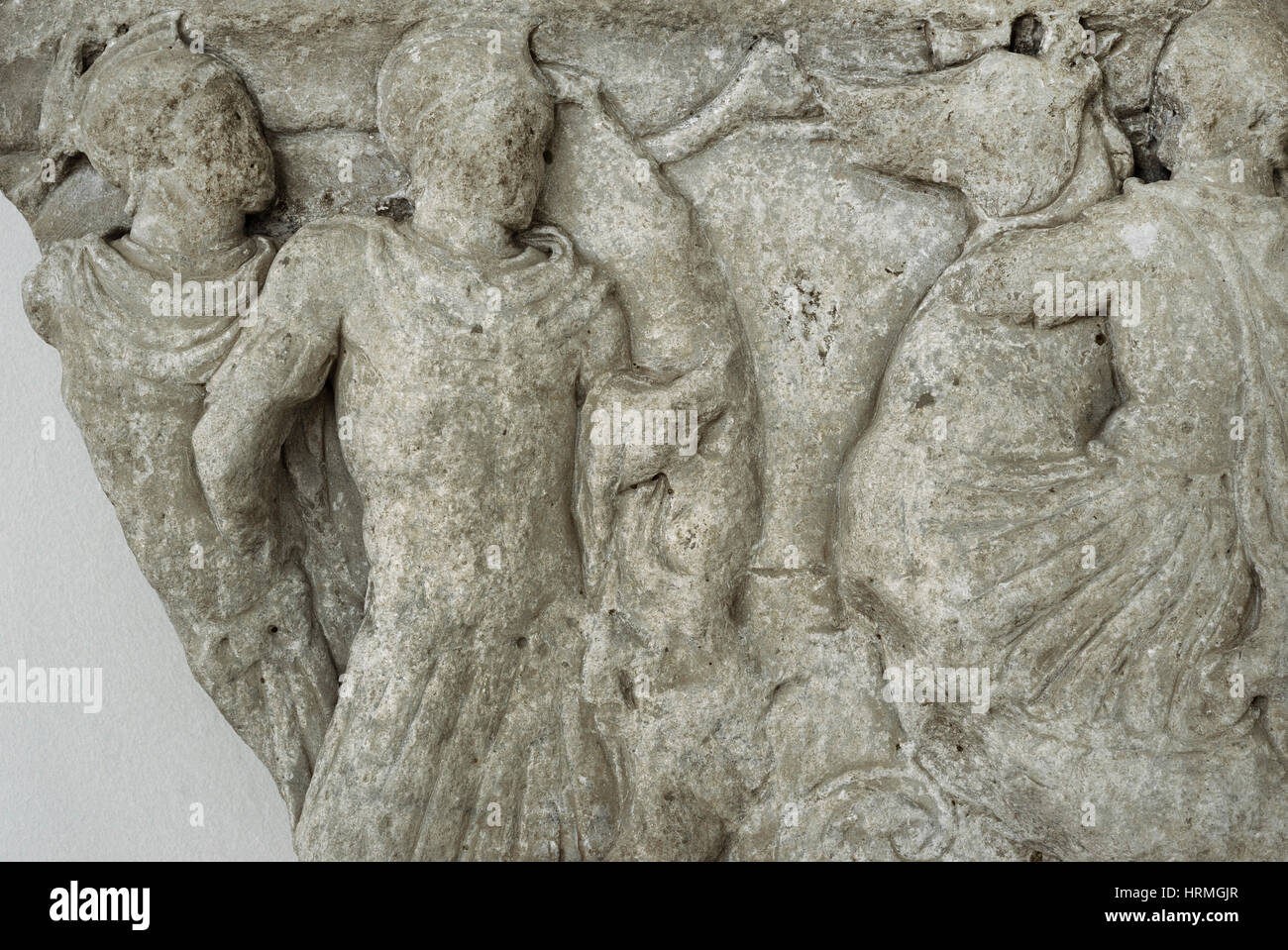 Frammento di sarcofago con scene di battaglia. Museo Archeologico Nazionale. Tarragona. La Catalogna, Spagna. Foto Stock