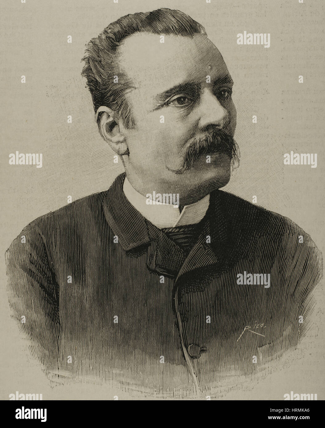 Ricardo de la Vega (1839-1910). Drammaturgo spagnolo e uno dei creatori del genero chico musicale (piccolo genere). Ritratto. Incisione di Rico. 'La Ilustración Española y Americana ", 1890. Foto Stock