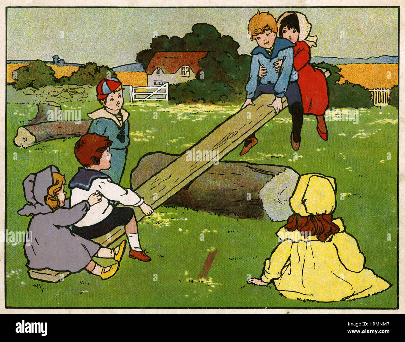 Antique c1890 Inglese libro per bambini illustrazione, See-Saw Margery Daw. Foto Stock