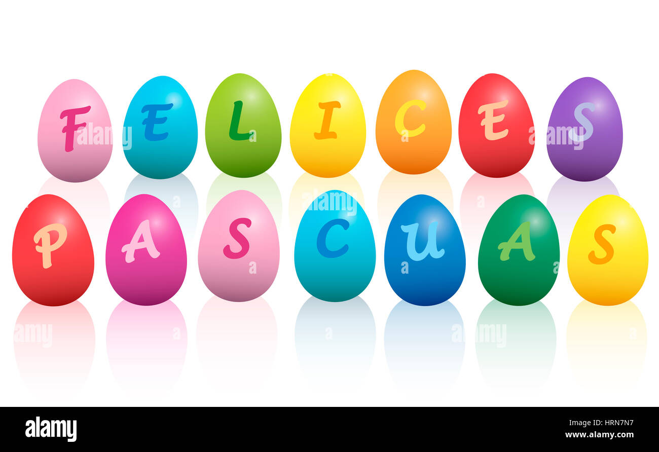 FELICES PASCUAS - spagnolo per la FELICE PASQUA- scritto con colorate uova di pasqua. Illustrazione isolato su sfondo bianco. Foto Stock