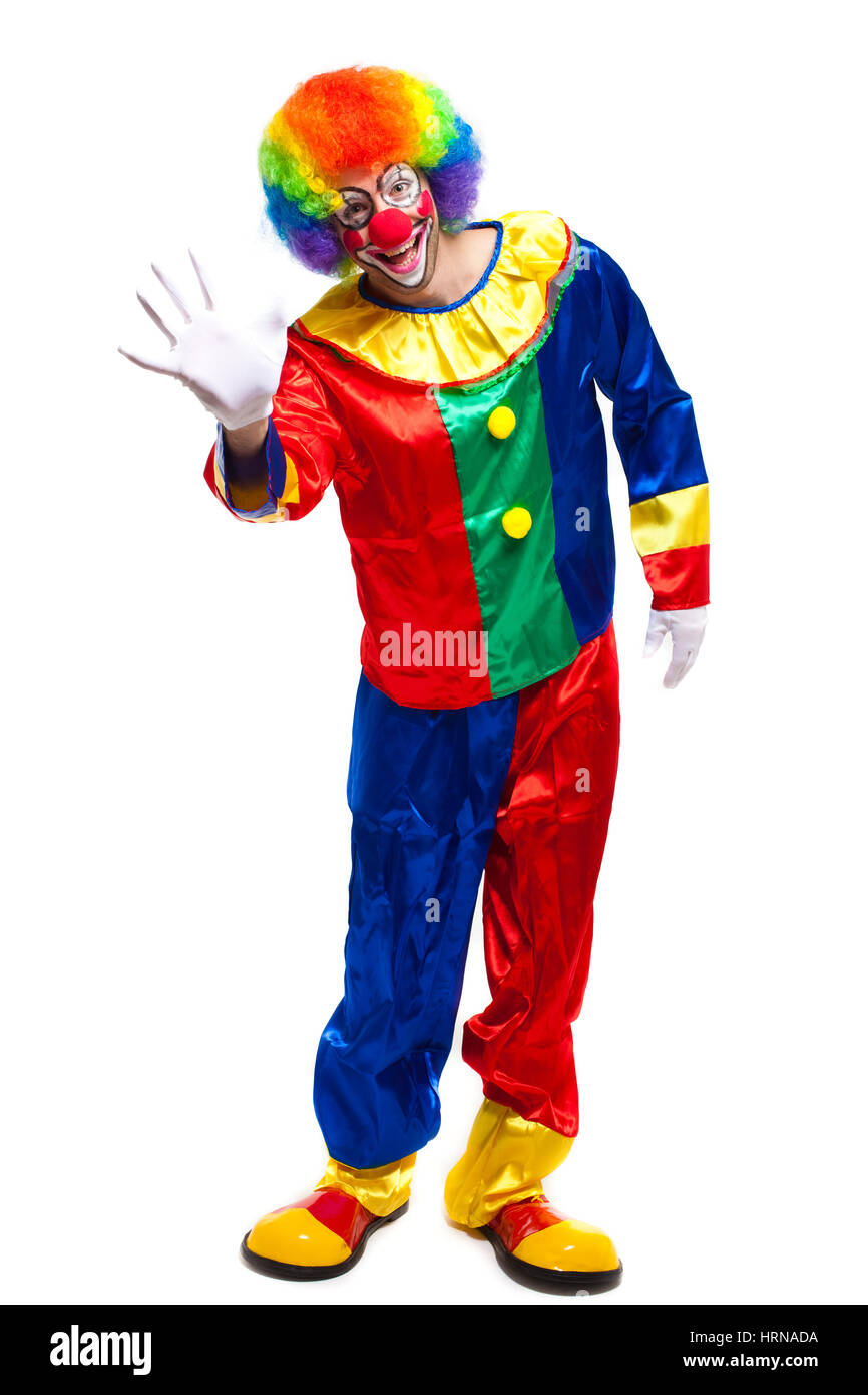 Full lenght clown dire ciao Foto Stock