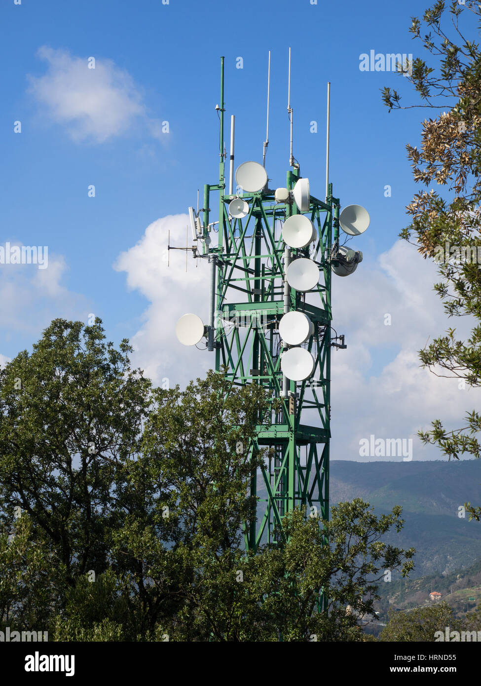Telecomunicazioni e broadcasting tower con riflettore parabolico e di antenne settoriali circondato da alberi Foto Stock