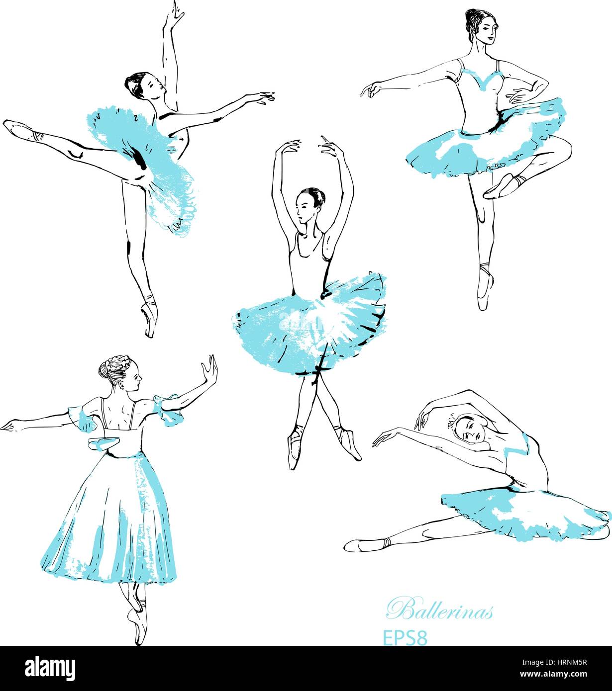 Set di 5 abbozzato ballerine di eseguire la danza. Per il vostro design. Illustrazione Vettoriale