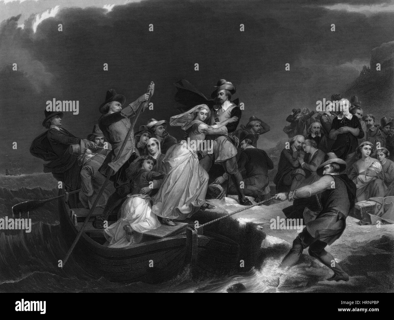 Lo sbarco dei pellegrini a Plymouth Rock, 1620 Foto Stock