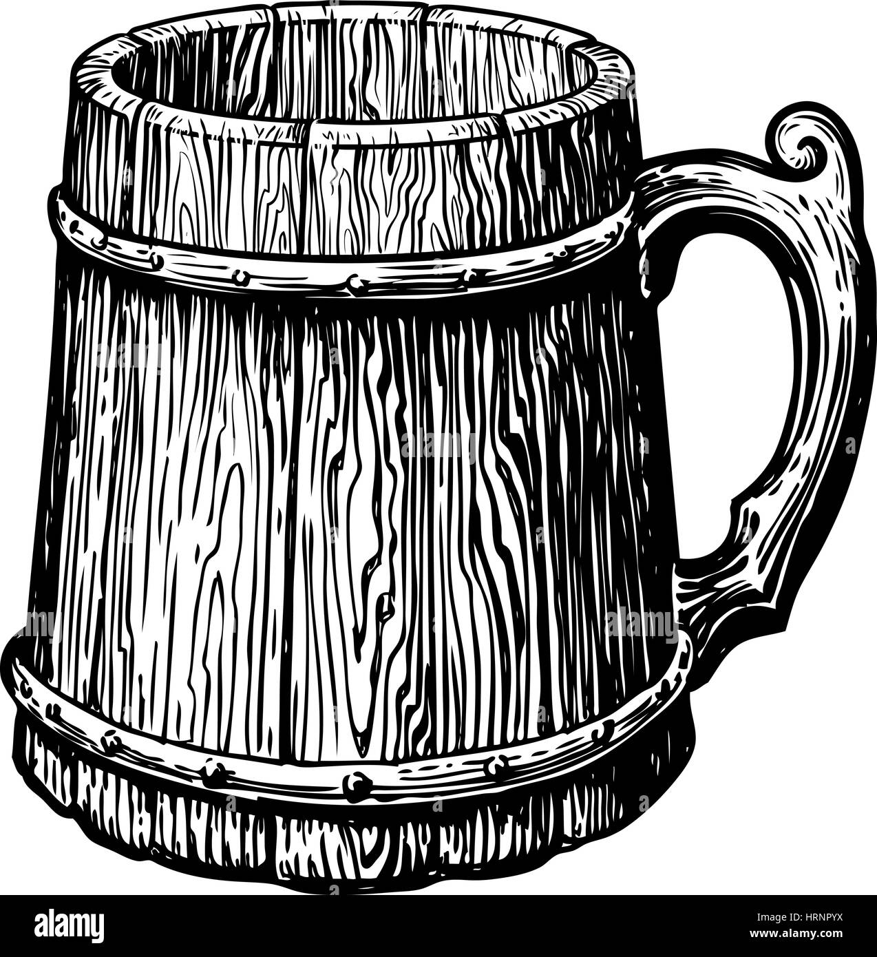 Disegnate a mano vintage legno vuota mug. Schizzo illustrazione vettoriale Illustrazione Vettoriale