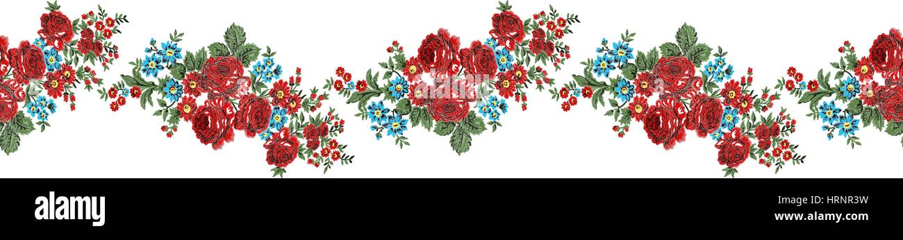 Autentica ricami floreali, rose rosse pattern di confine. In stile vintage. Illustrazione Vettoriale