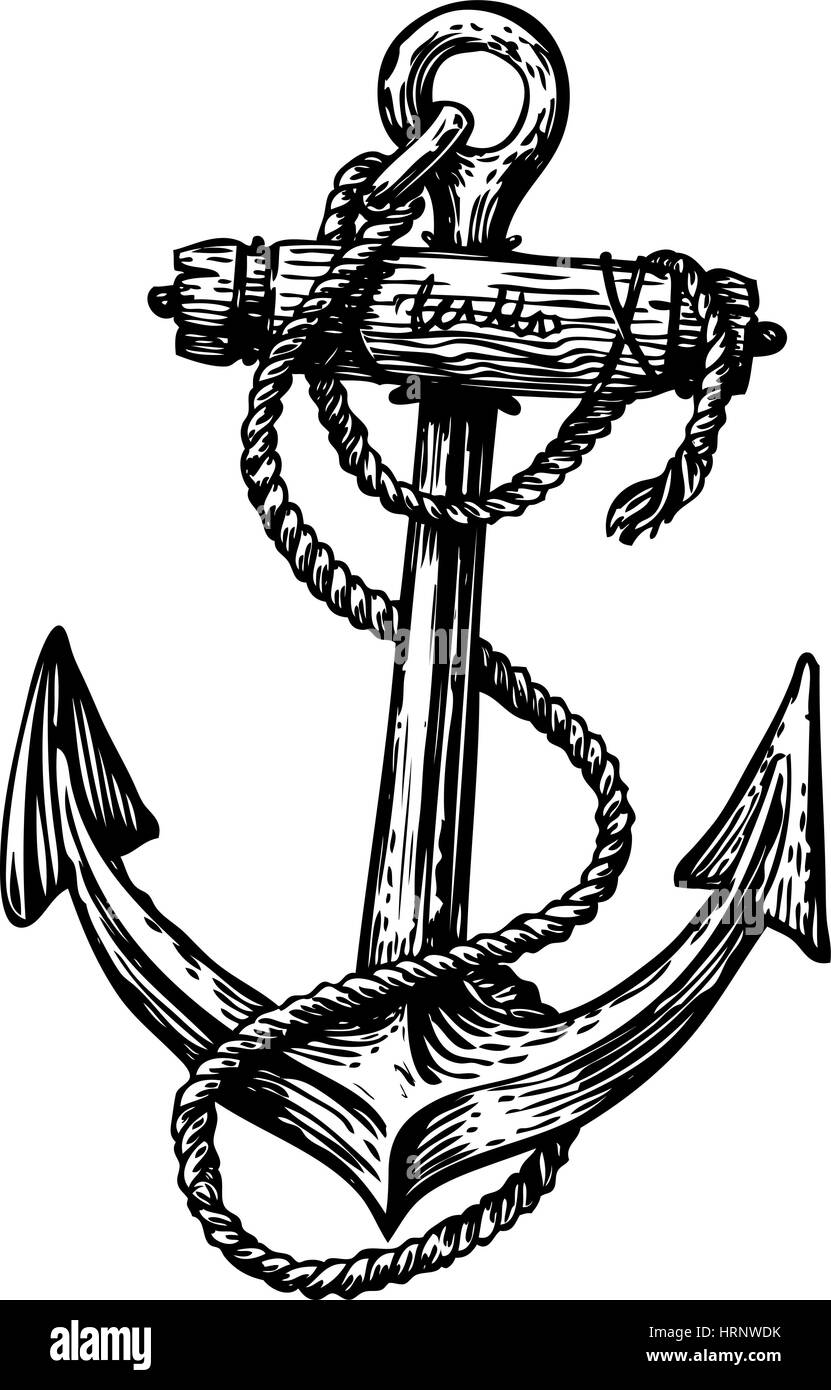 Disegnate a mano di ancoraggio vintage con fune, schizzo. Viaggiare, scoperta, simbolo di crociera. Illustrazione Vettoriale Illustrazione Vettoriale