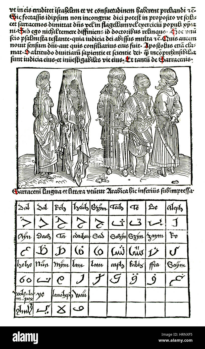 Sanctae Pereginationes, Saracena abbigliamento e alfabeto, 1486 Foto Stock