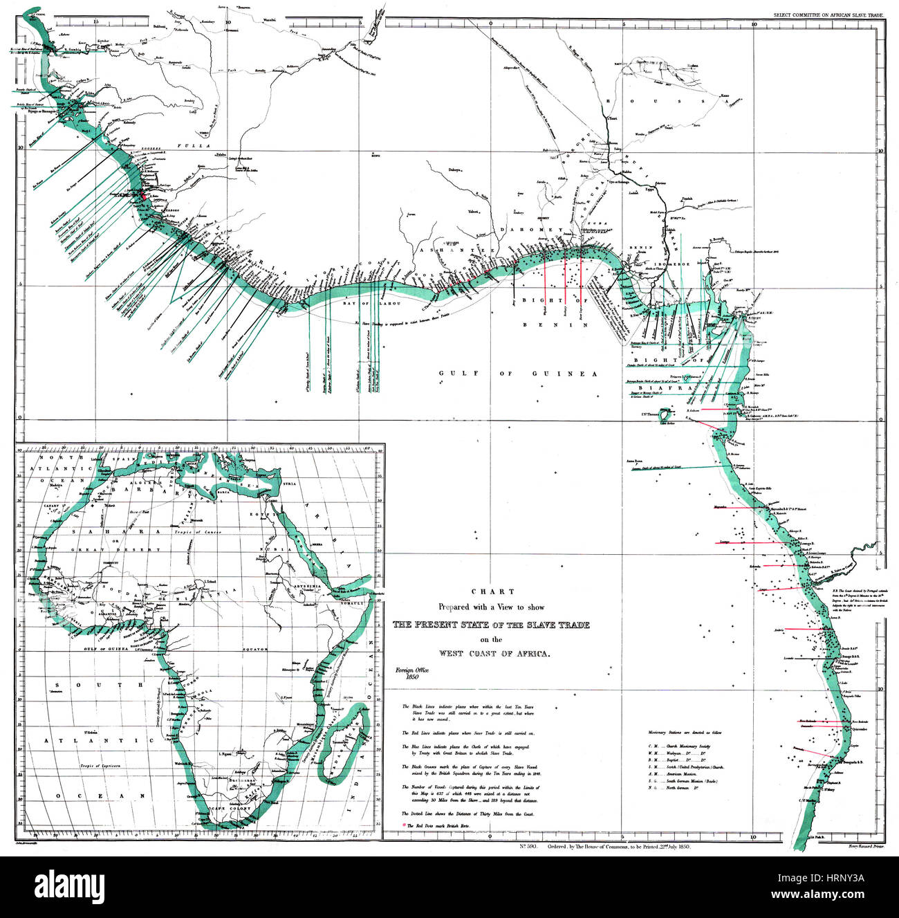 In Africa le aree della mappa del commercio di schiavi, 1850 Foto Stock