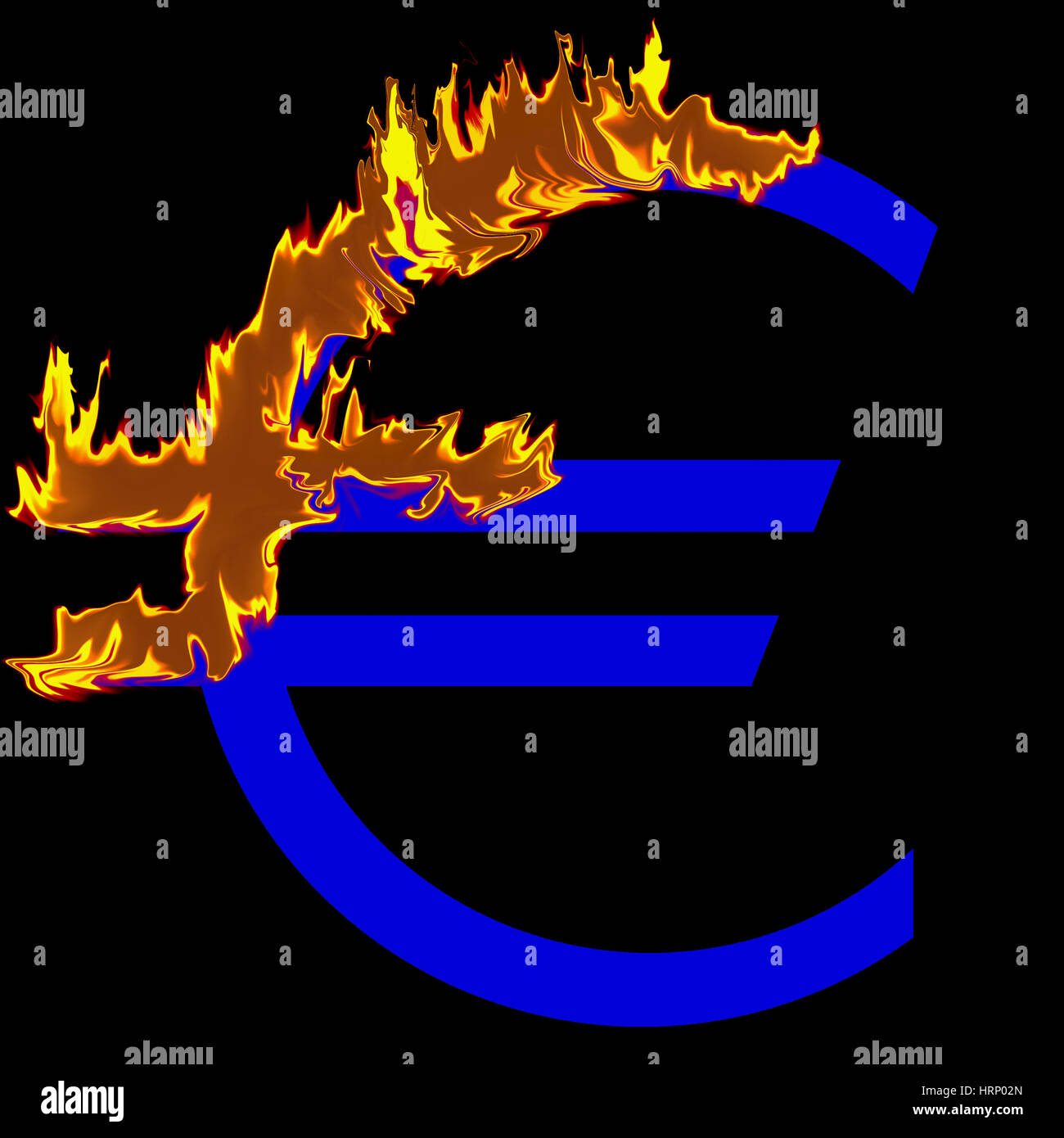 Concetto - simbolo Euro in fiamme. Una metafora per la crisi monetarie nell'UE. Foto Stock