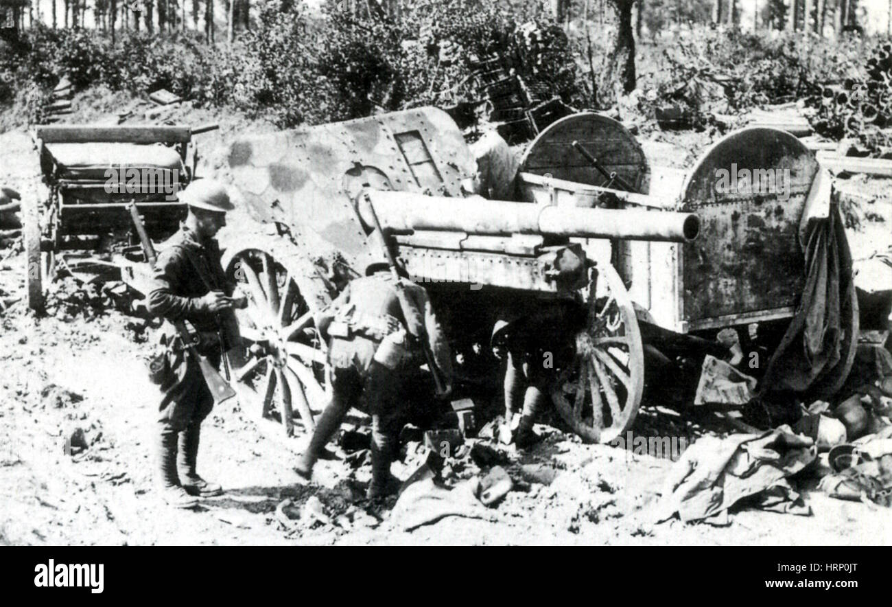 La prima guerra mondiale, Campo britannico artiglieria, la battaglia di Amiens, 1918 Foto Stock
