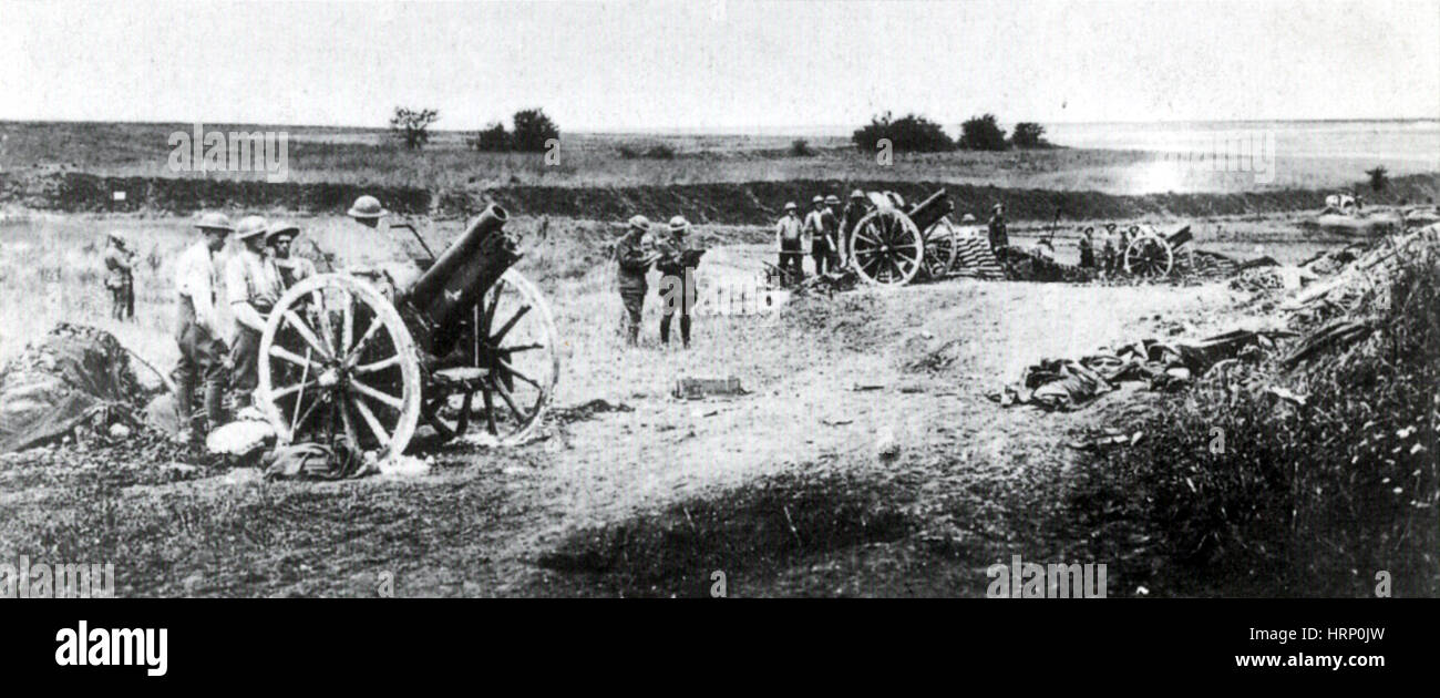 La prima guerra mondiale, campo australiano di artiglieria, la battaglia di Amiens, 1918 Foto Stock